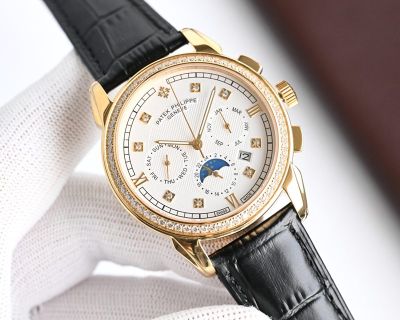 Patek Philippe Complications 9100 Movement 316LSteel 42mm Calfskin Leather Strap White/Champagne Watch